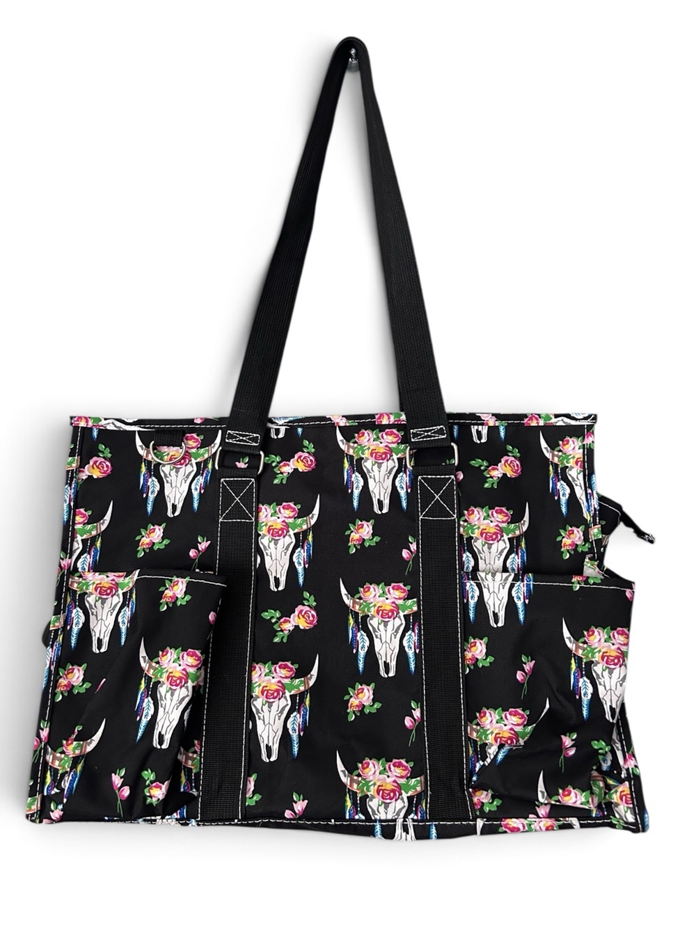 NGil Large Utility Tote Bag Western Bull Skull Floral Feathers